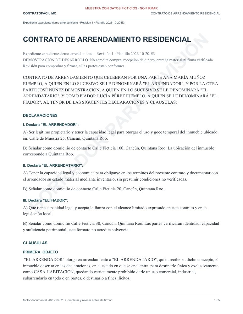 Primera página de un contrato de arrendamiento de muestra, con datos ficticios