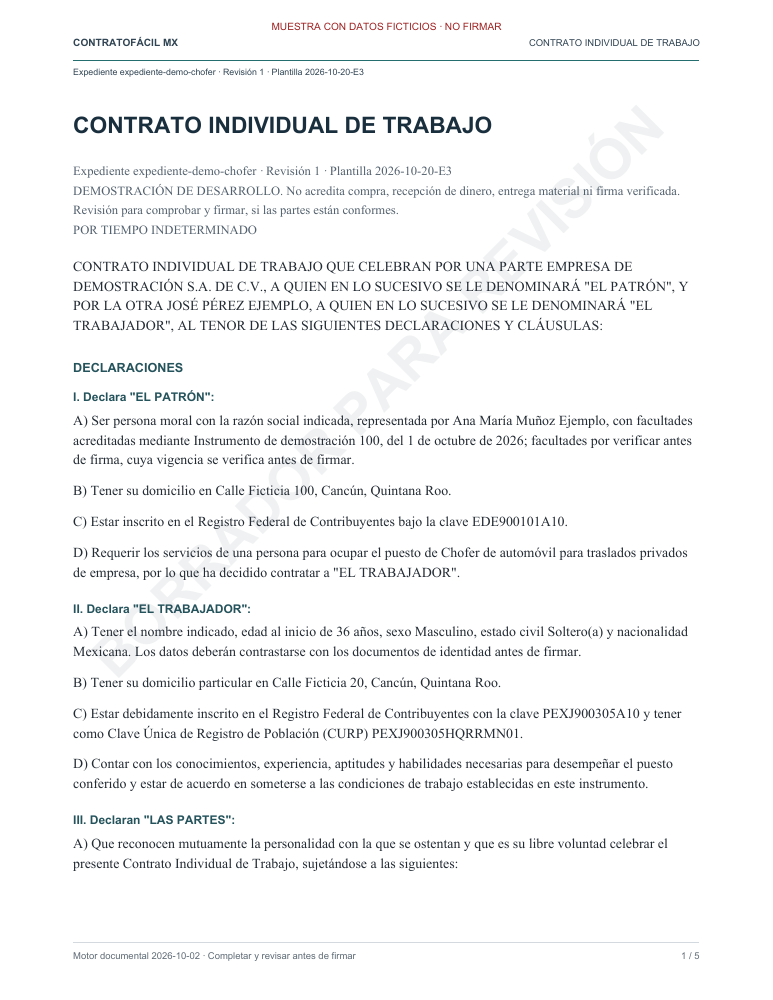 Primera página de un contrato de chofer de muestra, con datos ficticios